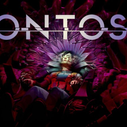 Arte oficial del videojuego ONTOS bajo una iluminación en tonos púrpuras, magenta y sombras oscuras. En el centro se encuentra el título "ONTOS" escrito en tipografía blanca y limpia con un efecto de glitch o línea horizontal que atraviesa las letras. Debajo del título, una figura recostada en una estructura mecánica/orgánica circular presenta un efecto de varias caras sobrepuestas en su rostro, simulando una distorsión de la conciencia o psique múltiple.