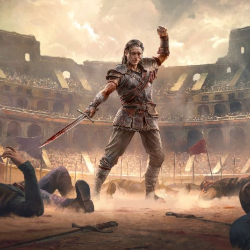 Ilustración publicitaria oficial del Duelista en Path of Exile 2. En el centro de una colosal arena de gladiadores de arquitectura romana bajo un cielo nublado, se encuentra un guerrero de cabello castaño medio vistiendo una armadura ligera de cuero con refuerzos de bronce y tela. Sostiene una espada ensangrentada apuntando hacia el suelo en su mano derecha mientras levanta el puño izquierdo en señal de victoria hacia la multitud en los palcos. A sus pies yacen combatientes caídos sobre la tierra, con lanzas clavadas y escudos tirados a su alrededor.