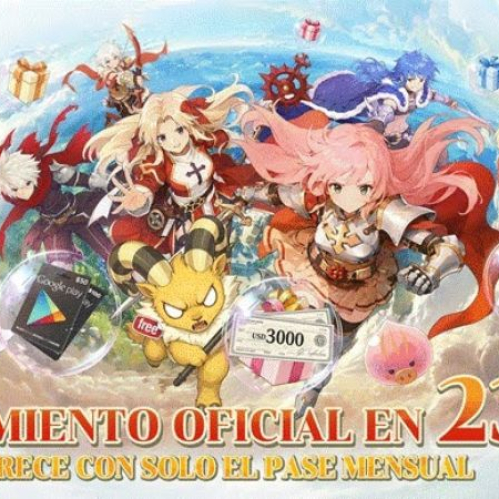 Material promocional con personajes de estilo anime en un entorno colorido, acompañado de elementos visuales alusivos a recompensas y lanzamiento del juego.
