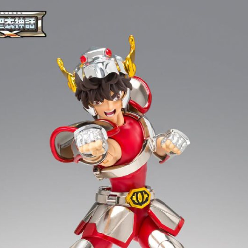 Figura articulada de un personaje con armadura metálica y postura dinámica sobre fondo neutro.