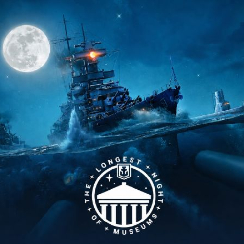 Imagen promocional de World of Warships con buques de guerra navegando de noche bajo la luna para anunciar “La Noche más larga de los museos”.