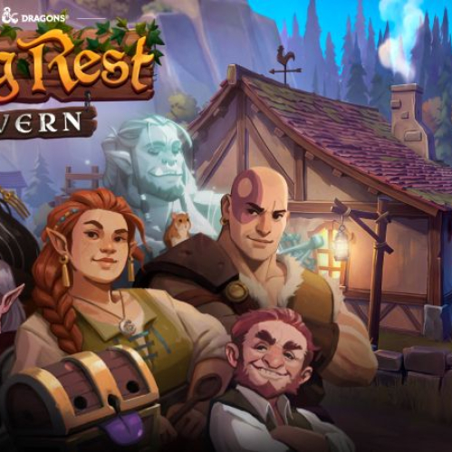 Arte conceptual promocional en alta resolución de "Dungeons & Dragons: Long Rest Tavern". En primer plano se observa a un grupo de diversos aventureros sonrientes, incluyendo una elfa guerrera, un bárbaro con pintura facial, un mediano y una maga. Al fondo se ubica una acogedora taberna de madera con chimenea encendida en medio de un bosque de pinos y montañas. En la esquina superior izquierda destaca el logotipo oficial del juego.