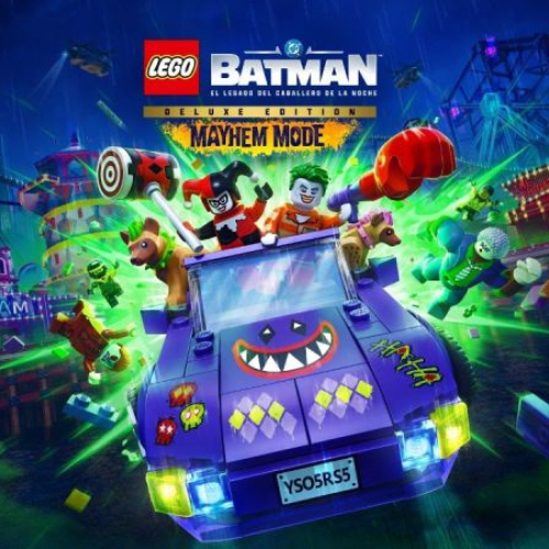 Arte promocional oficial en alta resolución del DLC Mayhem Mode para "LEGO Batman: El Legado del Caballero de la Noche". En el centro resalta una figura de LEGO del Guasón conduciendo un convertible morado personalizado con cara de payaso y la placa "YSO5RS5", acompañado por minifiguras de Harley Quinn sosteniendo un martillo gigante, hienas de LEGO y villanos en un parque de atracciones nocturno iluminado con neón verde y azul bajo la lluvia. En la parte superior se observa el logotipo oficial de LEGO Batman El Legado del Caballero de la Noche Deluxe Edition Mayhem Mode.