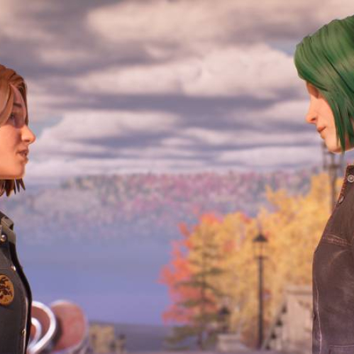 Dos personajes conversan frente a un paisaje otoñal con un lago y árboles iluminados por tonos cálidos.