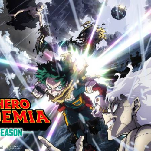 Ilustración promocional con héroes y villanos en poses dinámicas bajo un cielo tormentoso, destacando la intensidad de la temporada final.