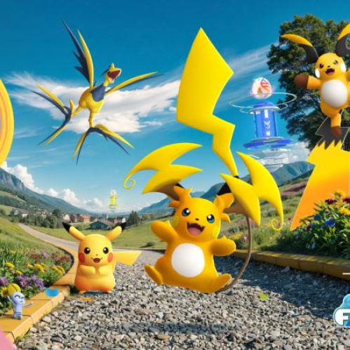 Ilustración colorida con varios Pokémon en un entorno natural, acompañada de elementos característicos del juego y un logotipo alusivo al aniversario.