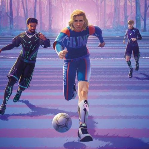 Un jugador corre con el balón en un campo rodeado de árboles, mientras dos rivales lo persiguen en un entorno iluminado con tonos vibrantes y futuristas.