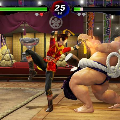 Dos luchadores se enfrentan en una arena de combate con estética japonesa, en una escena llena de acción.