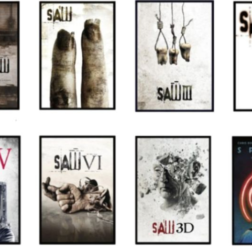 Collage promocional con los carteles de varias películas de la franquicia “Saw”, incluyendo “Saw”, “Saw II”, “Saw III”, “Saw IV”, “Saw V”, “Saw VI”, “Saw 3D” y “Espiral”.