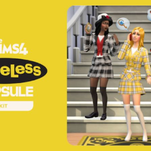 Imagen promocional oficial del Kit Cápsula Clueless para "Los Sims 4" sobre un fondo amarillo. A la izquierda aparece el logotipo del juego junto con la marca oficial de "Clueless CAPSULE KIT". A la derecha, sobre el peldaño de una escalera, se observan tres Sims femeninas luciendo los atuendos emblemáticos de la película: al centro, un Sim con el icónico traje amarillo a cuadros y calcetas altas de Cher; a la izquierda, un Sim con un traje sastre a cuadros blanco y negro con sombrero decorado de Dionne; y a la derecha, un Sim con cabello rojo rizado, camisa de franela roja a cuadros y pantalones negros al estilo de Tai.