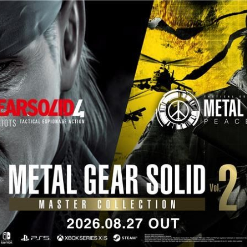 Arte promocional oficial dividido en diagonal para "METAL GEAR SOLID: MASTER COLLECTION Vol. 2". Del lado izquierdo, sobre fondo negro, aparece el rostro de Solid Snake envejecido de "Metal Gear Solid 4: Guns of the Patriots". Del lado derecho, sobre un fondo amarillo con siluetas de helicópteros militares, figura Big Boss de "Metal Gear Solid: Peace Walker" portando un parche en el ojo y traje táctico. En el centro destaca el logotipo oficial del compilado junto a los íconos de las plataformas disponibles y la fecha de salida "2026.08.27 OUT".