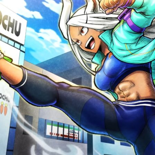 Ilustración oficial de Mirko en acción, con su cabello blanco largo, atuendo deportivo azul y turquesa, ejecutando una patada alta en un entorno urbano; al fondo, otra representación de ella sostiene un objeto con forma de zanahoria, junto a la marca CARROCHU.