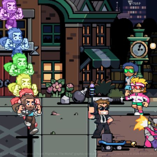 Captura de pantalla de jugabilidad (gameplay) en arte de píxeles (pixel art) de "Scott Pilgrim EX". En las calles nocturnas de Toronto frente a un edificio con letrero de videoclub, Stephen Stills realiza un ataque especial en el aire generando siluetas de clones en tonos de luz neón violeta, azul, verde y amarillo. En el plano inferior, agentes vestidos de traje negro y enemigos robóticos de color rosa y amarillo combaten en la calle.