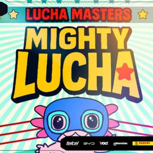 Imagen promocional oficial de la Zona Indie de Telcel GAMERGY con el logotipo del videojuego mexicano "Lucha Masters: Mighty Lucha" en letras amarillas y rojas con estrellas estilizadas. En la parte inferior destaca un personaje de ajolote azul con máscara de luchador y antifaz rosa sobre cuerdas de ring de lucha libre, acompañado por los logotipos de los patrocinadores del evento (Telcel, BYD, Volt, Maruchan, Panini, Cinépolis, Concacaf Kick-Off y Arena).