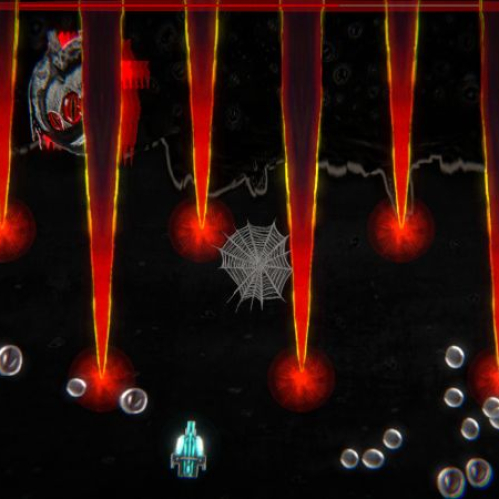 Escena oscura con una nave o figura luminosa enfrentando ataques verticales y una criatura arácnida en un entorno de estilo bullet hell.