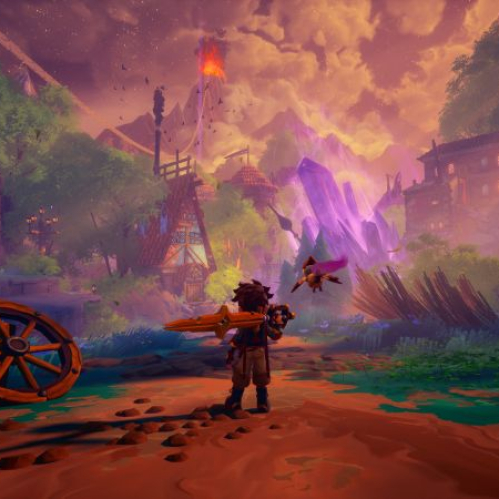 Captura de pantalla del videojuego Duskfade vista en tercera persona desde la espalda del protagonista, Zirian, sosteniendo un espadón dorado. A su lado flota su compañero Cuckoo frente a un pintoresco pueblo de estilo medieval y fantástico. Al fondo destacan casas de madera con tejados inclinados, vegetación frondosa, un gran cristal morado brillante en el centro y una montaña con un volcán en erupción al atardecer.