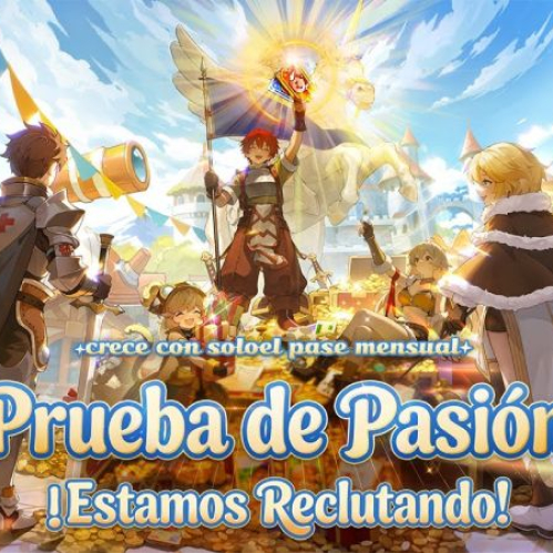 Ilustración colorida con personajes de fantasía en un entorno festivo, acompañados de cofres, monedas y criaturas aladas.