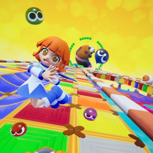 Arle, protagonista de Puyo Puyo, aparece compitiendo en una colorida pista de Sonic Racing: CrossWorlds rodeada de criaturas Puyo.