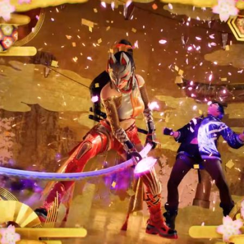 Ilustración de dos personajes en combate, con una figura enmascarada empuñando una espada luminosa en un entorno de estética japonesa.