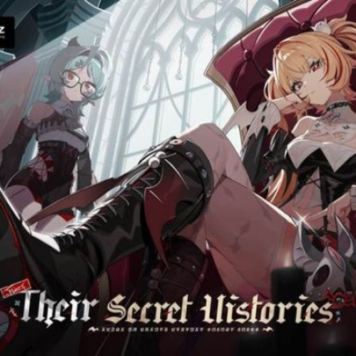 Ilustración promocional oficial de la versión 3.2 "Their Secret Histories" de "Zenless Zone Zero". En primer plano a la derecha, la nueva agente Claret luce cabello rubio peinado en coletas, vestuario oscuro con detalles góticos y reposa sentada en un sillón rojo sosteniendo una postura confiada con una bota negra destacada. En el fondo a la izquierda, la agente Roxy observa vistiendo un atuendo oscuro, anteojos y cuernos pequeños. En la esquina superior izquierda se aprecia el logotipo de EZ Studio y Zenless Zone Zero, y en la parte inferior el título estilizado en inglés "Their Secret Histories".