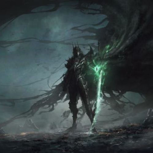 Arte conceptual del personaje Dread Blade en "AION", mostrando a un guerrero de armadura negra empuñando una espada con energía verde en un escenario oscuro y atmosférico.