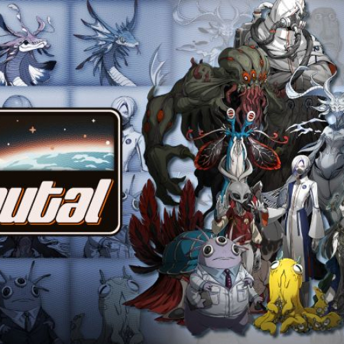 Ilustración del logotipo del videojuego "Donutal" en letras blancas sobre fondo marrón con un planeta de fondo, rodeado por diversos personajes extraterrestres de variadas formas, tentáculos, vestimentas futuristas y apariencias singulares.