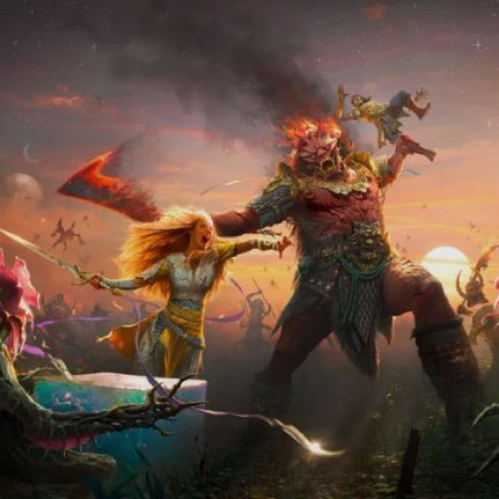 Ilustración artística oficial en tonos cálidos de atardecer, mostrando a la guerrera Faye sosteniendo una espada contra un enorme gigante rojo de armadura oriental con cara de máscara y espada en llamas, rodeados de criaturas fantásticas, flores espinosas y destellos de magia.