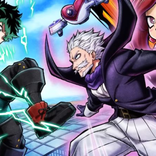 Ilustración al estilo anime que muestra a Izuku Midoriya (Deku) a la izquierda, envuelto en rayos de energía verde de su Quirk One For All, preparando un puñetazo. Frente a él a la derecha se encuentra Gentle Criminal con su abrigo morado, bigote blanco y bufanda, saltando hacia la acción mientras al fondo destaca el rostro sonriente de La Brava rodeada de un aura rosada.
