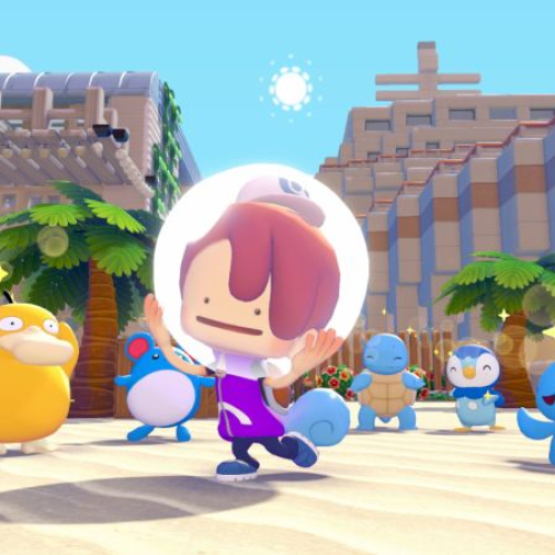 Captura de pantalla del videojuego Pokémon Pokopia en un entorno playero de estilo cúbico y colorido. En el centro, el personaje avatar luce una burbuja transparente de aire sobre su cabeza mientras salta alegremente con ropa morada. A su alrededor se encuentran varios Pokémon de tipo agua y amistosos, incluidos Psyduck, Marill, Squirtle, Piplup y el Pokémon legendario Manaphy festejando sobre la arena. De fondo se aprecia una villa costera con palmeras y edificaciones.