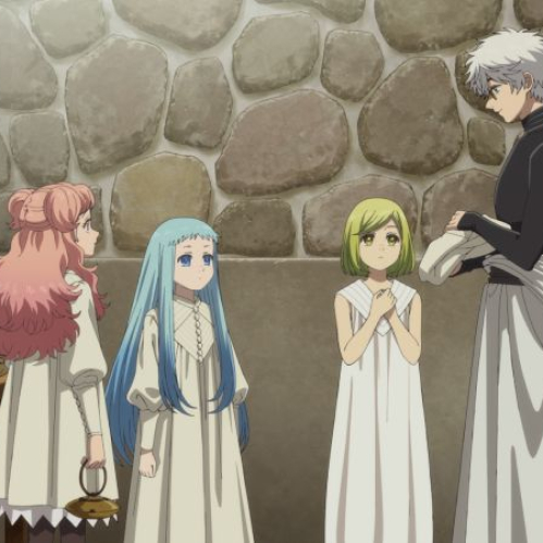 Escena animada con cuatro personajes en un entorno interior de estilo fantástico, con vestimentas largas y ambiente artesanal.