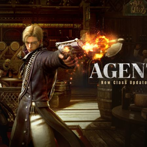 Arte promocional oficial del videojuego Black Desert mostrando al nuevo personaje, Agent. Se observa a un hombre rubio con gafas pequeñas y abrigo largo de estilo victoriano/táctico color oscuro con detalles dorados, apuntando directamente al frente con un revólver ornamentado mientras dispara una bala con efecto de fuego e impacto. El fondo recrea la taberna de una ciudad con iluminación cálida y personajes al fondo. En el costado inferior derecho sobresale el texto AGENT New Class Update.