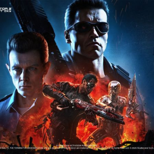 Arte promocional oficial de la Temporada 7 de Call of Duty: Mobile x Terminator 2: Judgment Day. En la parte superior sobresale el rostro del T-800 con lentes oscuros y ojo rojo brillante. A la izquierda aparece el T-1000 con uniforme de policía. En la parte inferior, envueltos en fuego y explosiones, se observan las versiones endoesqueleto del T-800 con la escopeta HS0405 y el T-1000 en su estado de metal líquido portando navajas.