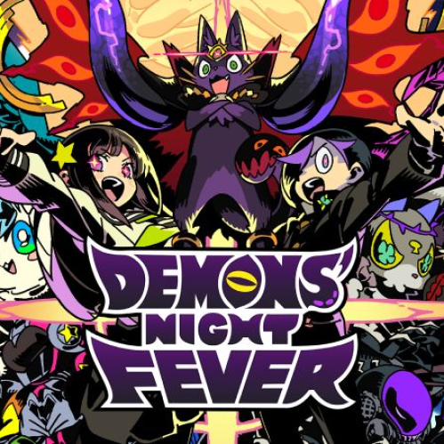 Ilustración en estilo anime de Demons' Night Fever. En el centro aparece el logotipo oficial en tonos morados sobre un destello luminoso. En la parte superior sobresale un gato negro antropomórfico con alas demoníacas y ojos brillantes. A los costados posan los personajes principales, incluyendo una chica anime con uniforme escolar y poderes mágicos, un joven de cabello oscuro con uniforme escolar, e hordas de criaturas y soldados alienígenas con estética cómica y colorida.