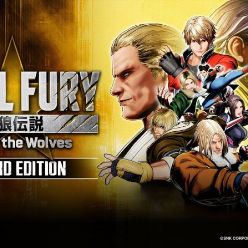 Arte promocional con personajes de FATAL FURY en poses dinámicas sobre fondo dorado.
