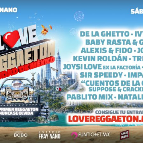 Cartel promocional horizontal de I Love Reggaeton Ciudad de Mexico sobre un fondo de playa tropical y rascacielos futuristas, con el logotipo del evento que incluye una mano robótica sosteniendo la bandera de Mexico y la lista completa de artistas anunciados.   