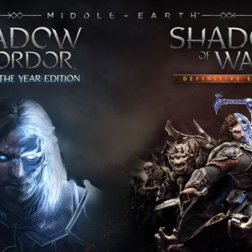 Arte promocional dividido en dos secciones para el paquete de juegos de Middle-earth en Nintendo Switch 2. Al lado izquierdo aparece Talion con el rostro iluminado por el espíritu azul en Shadow of Mordor GOTY Edition, y al lado derecho Talion blandiendo un arma junto a un ejército de orcos en Shadow of War Definitive Edition, con los logotipos oficiales en la parte superior.