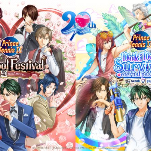 Arte promocional dividido en dos secciones que celebra el 20 aniversario de los videojuegos de The Prince of Tennis. A la izquierda, bajo el logo de Sweet School Festival, aparecen seis chicos de anime vestidos con elegantes trajes formales y chaquetas sobre un fondo blanco con un gran corazón de rosas rosadas. A la derecha, bajo el logo de Doki Doki Survival, figuran seis personajes masculinos en vestimenta veraniega e informal cargando pistolas de agua y accesorios de playa sobre un fondo azul y tropical. En la esquina inferior derecha resalta un distintivo dorado con la frase On sale now!.