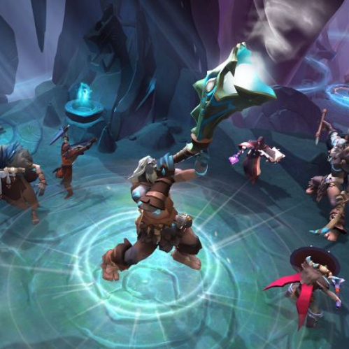 Imagen promocional del videojuego Albion Online mostrando a un grupo de guerreros y magos combate en una mazmorra subterránea frente a cofres del tesoro y criaturas místicas.