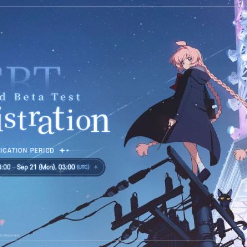 Arte promocional del periodo de registro de la prueba beta cerrada (CBT) de Astrae Oratio. En el centro aparece una chica de anime con cabello rosado en largas trenzas, sosteniendo una varita mágica y parada sobre cables de poste telefónico con un gato negro al lado. De fondo resalta la torre de telecomunicaciones de Tokio iluminada de noche en tonos morados y azules bajo un cielo estrellado. En la esquina izquierda se muestra el texto CBT Closed Beta Test Registration y el periodo de aplicación del 19 de agosto al 21 de septiembre.
