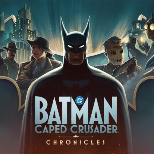 Arte promocional de Batman: Caped Crusader - Chronicles. En el centro resalta la silueta en sombras de Batman con su traje clásico. Sobre el murciélago de su pecho aparece el logotipo del juego en letras doradas y blancas. A la izquierda posan la detective Renee Montoya y oficiales del GCPD vestidas con gabardinas y sombreros estilo noir. A la derecha se aprecian las figuras de villanos como Scarecrow con una máscara de gas de pico de ave y Babyface con una máscara de muñeco. De fondo sobresale el perfil nocturno de la arquitectura de Ciudad Gótica.