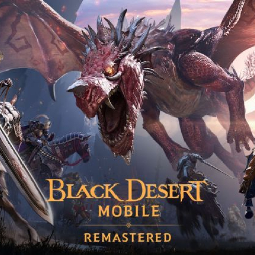 Escena épica de fantasía con un dragón rojo enfrentándose a un grupo de guerreros montados, evocando la intensidad y el estilo visual característico de Black Desert Mobile.