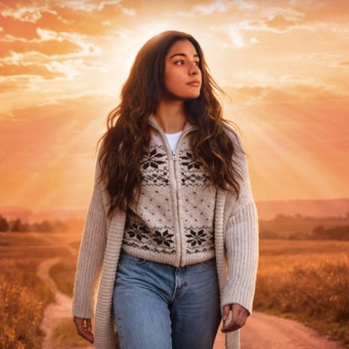 Fotograma de la película "Él me llama Su hija". En el centro se observa a una joven de cabello largo y oscuro caminando por un sendero rural al atardecer, vestida con jeans azules, un suéter de punto blanco con motivos geométricos y un abrigo claro. De fondo destaca un campo abierto bajo un cielo iluminado por tonos anaranjados y dorados del sol poniente.
