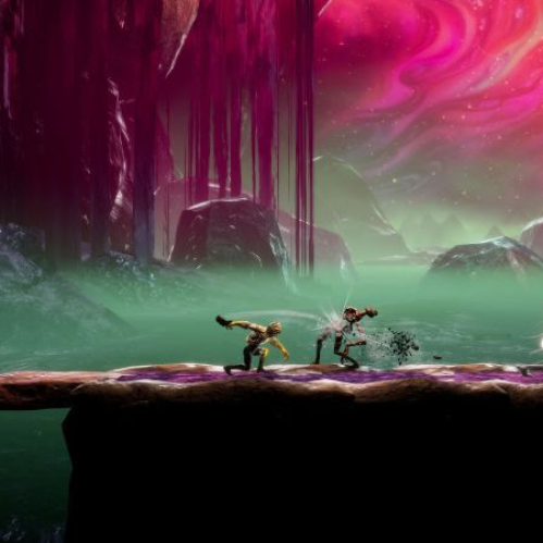 Escena surrealista con figuras humanoides combatiendo sobre un puente rocoso, rodeados de energía y un paisaje fantástico de tonos magenta y verde.