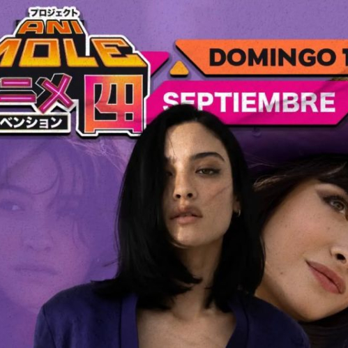 Cartel promocional de la convención AniMole 4 en tonos morados con el logotipo del evento y la fecha domingo 13 de septiembre, acompañado por fotografías de la actriz Lera Abova personificando su rol dentro del evento.