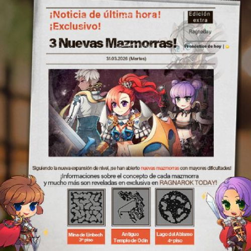 Póster promocional estilo periódico que anuncia tres nuevas mazmorras, con arte anime y estética fantástica.