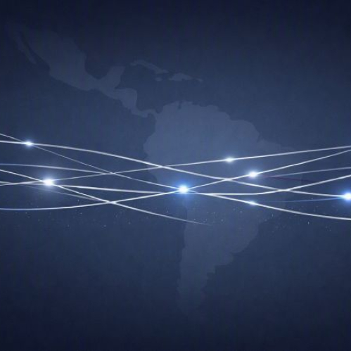 Ilustración gráfica con fondo azul oscuro que muestra el mapa del continente americano en baja opacidad, sobrepuesto por trazos curvos de luz blanca y puntos brillantes que simulan conexiones de fibra óptica cruzando la región.