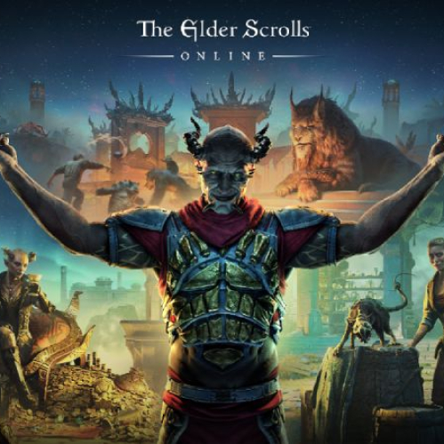 Arte promocional de The Elder Scrolls Online con un personaje central de aspecto demoníaco levantando los brazos, rodeado de criaturas y figuras fantásticas en un entorno místico.