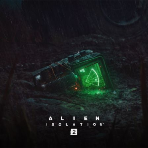 Rastreador de movimiento icónico sobre un suelo lodoso y lluvioso, emitiendo una luz verde con el logotipo oficial de Alien Isolation 2.