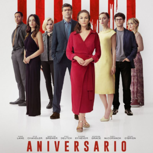 Póster con ocho personajes alineados frente a un fondo blanco con franjas rojas verticales.