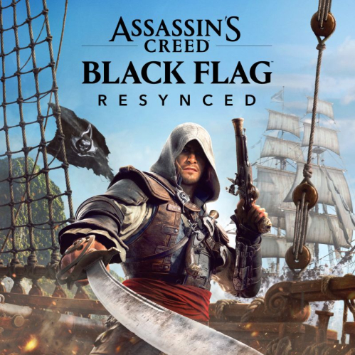 Ilustración principal de Assassin's Creed Black Flag Resynced con Edward Kenway sosteniendo su espada y pistola en la proa de un barco pirata bajo un cielo despejado.